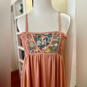 Vintage Dress Maxi 70s Hippie Boho Peach Floral Patchwork Bust Spag Straps S/M